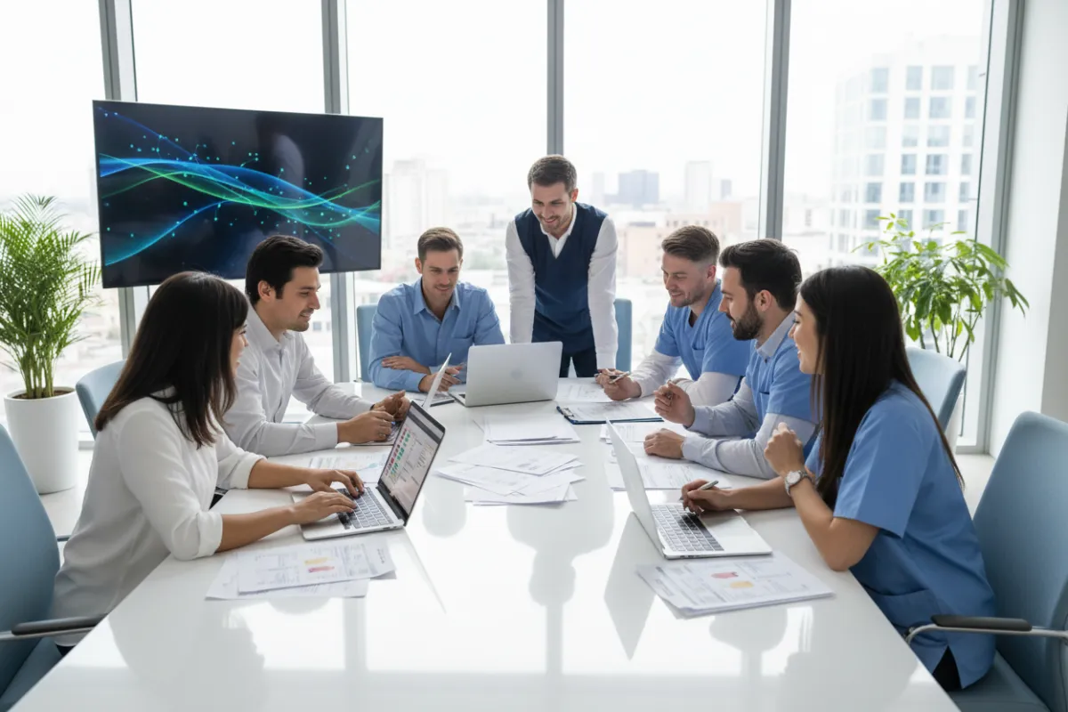 A diverse team of dental professionals collaborating around a conference table, reviewing billing documents and digital charts. The environment is bright and modern, with a focus on teamwork and innovation, highlighting a positive, forward-thinking approach to dental billing.