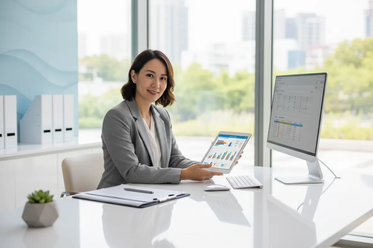 A modern dental office manager reviewing digital billing reports on a sleek tablet, surrounded by organized paperwork and a bright, inviting workspace. The scene conveys efficiency, professionalism, and advanced technology, with natural daylight and a calm, productive atmosphere.