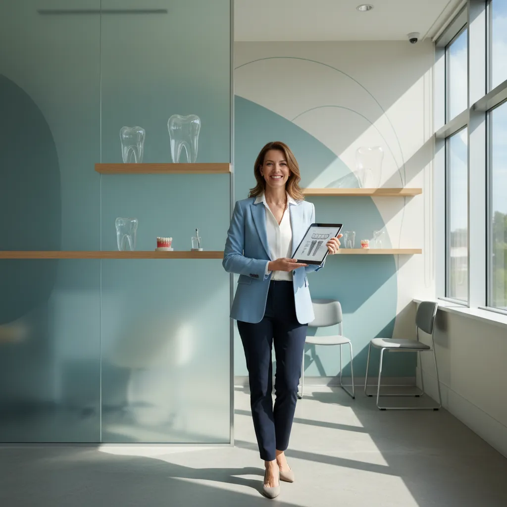 A confident businesswoman in her 40s, standing in a bright office with dental-themed decor, smiling and holding a digital tablet. The background features subtle dental motifs, and the style is professional, approachable, and modern.