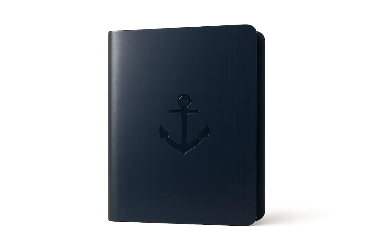Navy-blue branded loan packet folder with anchor emblem