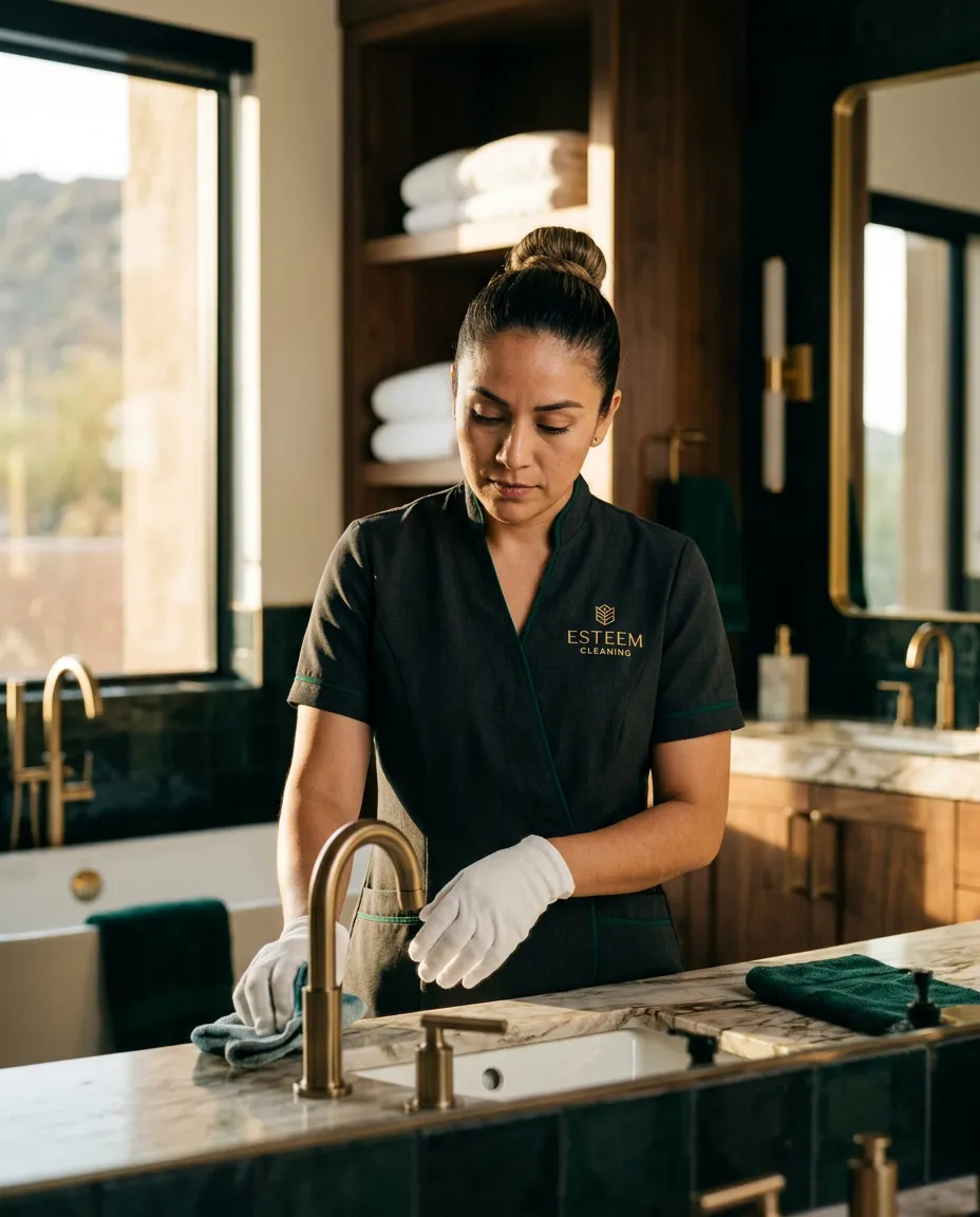 Impeccably uniformed cleaning professional inspecting architectural finishes in a sun-drenched luxury Arizona residence
