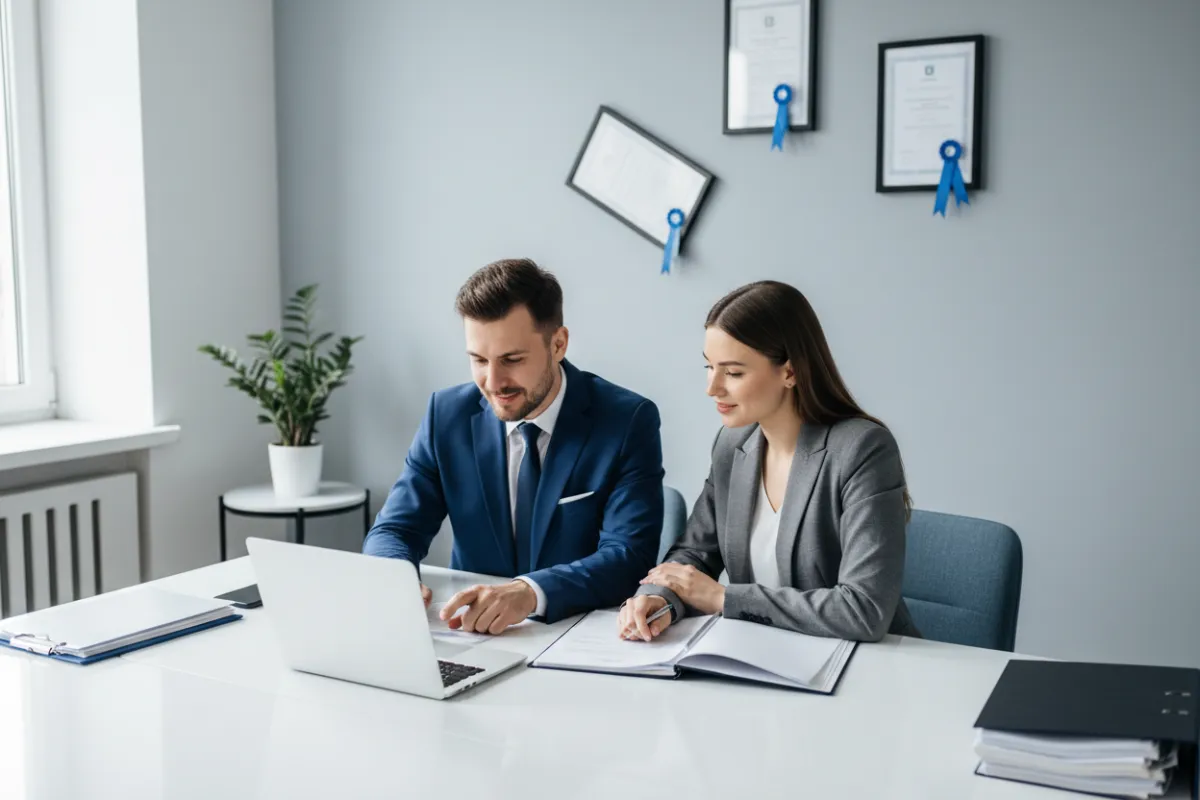 Professional claims specialist reviewing documents with a traveler in a modern office, both appearing focused and reassured, with certificates on the wall and a laptop open on the desk. The setting is bright, organized, and uses a blue-grey palette.