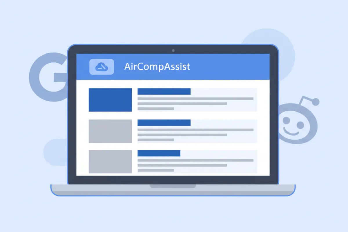 A flat vector illustration of a search engine results page on a laptop, with AirCompAssist highlighted at the top. The background includes subtle icons for Google and Reddit, and the color palette uses soft blues and greys for a professional, modern look.
