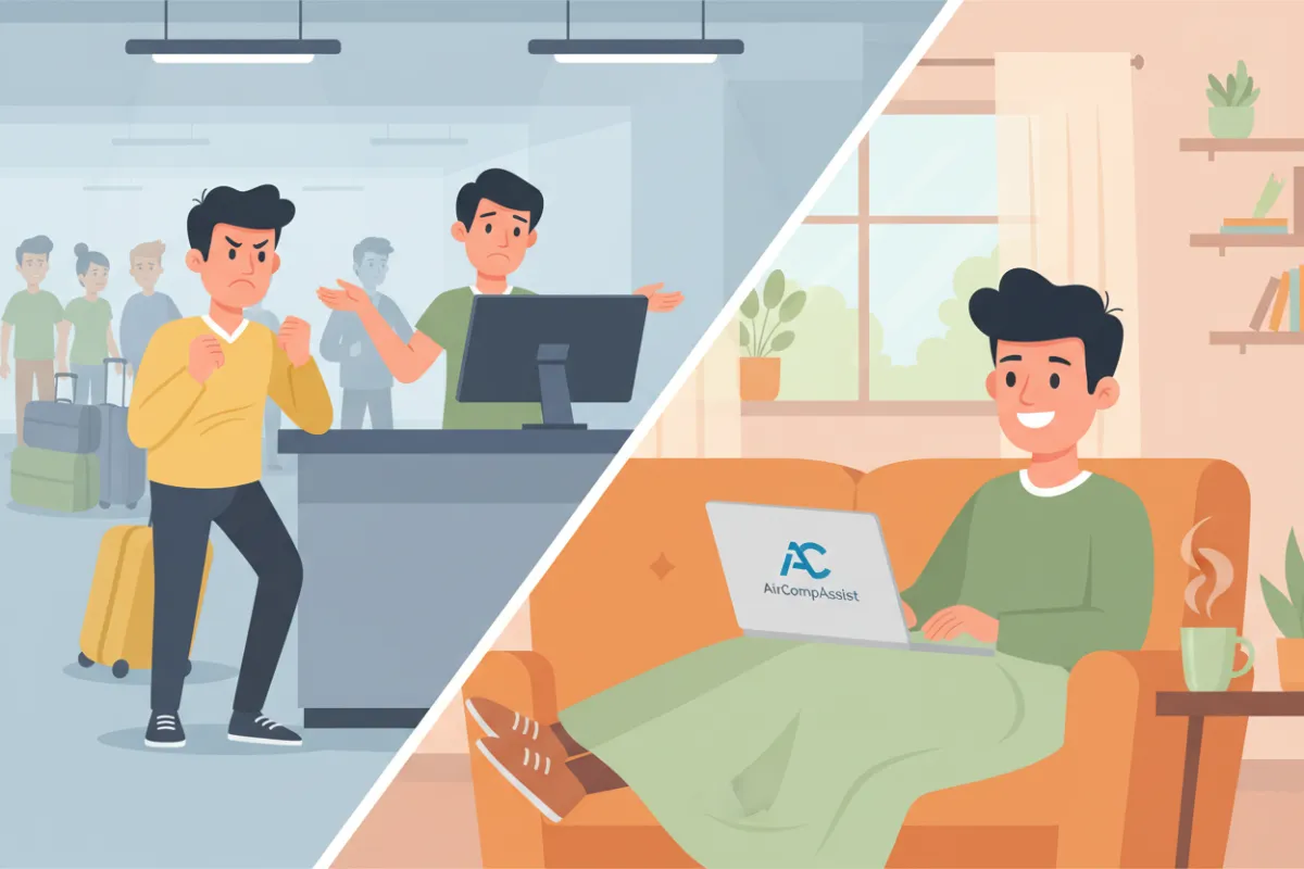 Split-screen illustration: left side shows a frustrated passenger waiting at an airline counter, right side shows a relaxed traveler using a laptop at home, smiling, with AirCompAssist branding on screen. The contrast highlights ease and comfort.