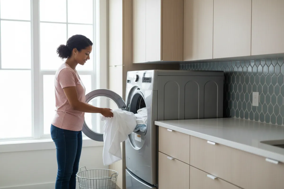 Caregiver gently loading clean laundry into a modern dryer in a bright laundry nook, showing calm, practical household support.