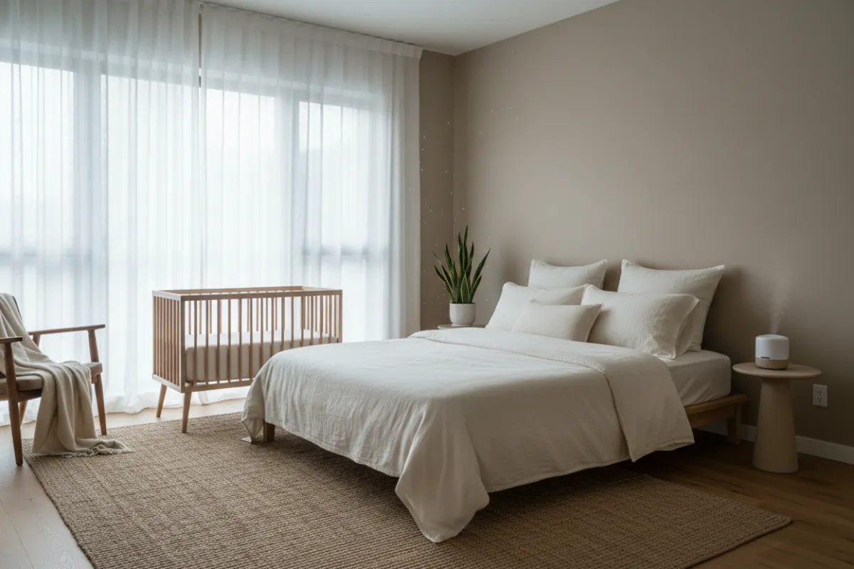 Warm minimalist postpartum bedroom with tidy bassinet and soft daylight, conveying a calm, supportive home environment.