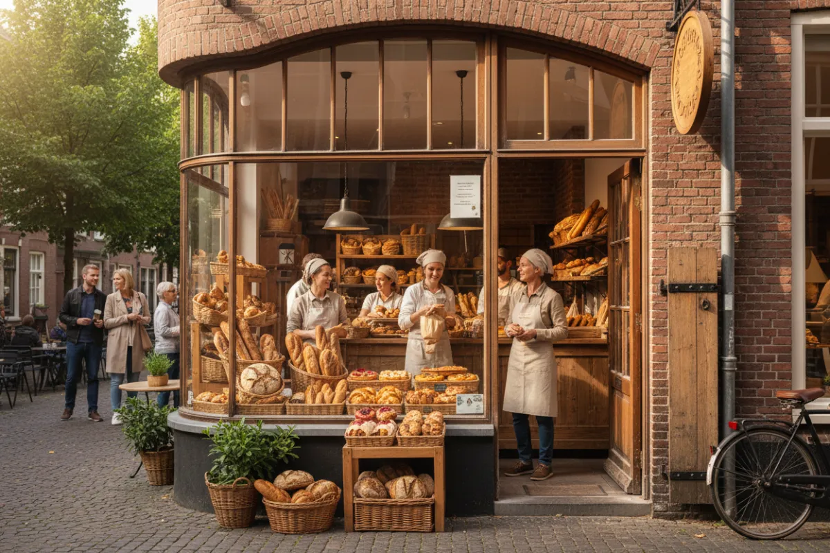 A highly realistic front-view of a busy artisan bakery on a charming neighborhood street, showing modestly dressed customers inside and outside, warm lighting, and fresh breads in display windows.