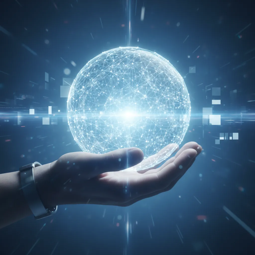 A close-up of a hand holding a glowing digital network sphere, representing innovation and connection.