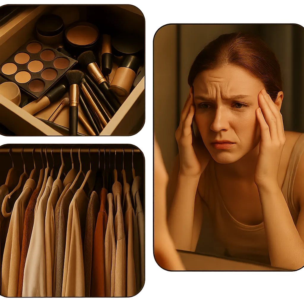 A 3-panel composite image showing an overflowing makeup drawer, a cluttered closet, and a frustrated look in the mirror.