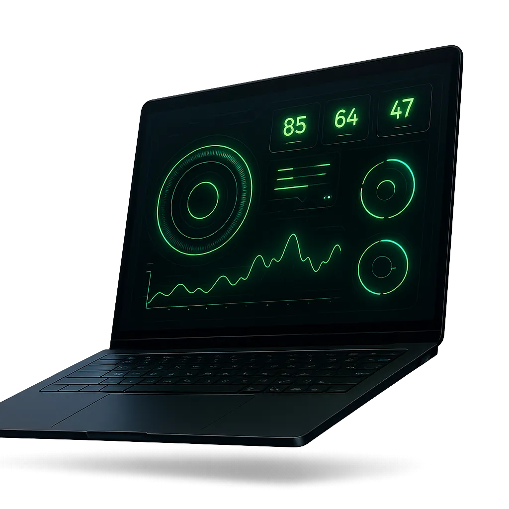 A sleek, ultra-premium obsidian laptop or tablet displaying a high-contrast System Active dashboard