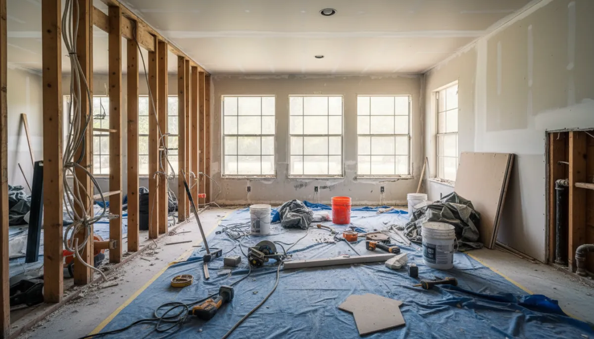 Property interior before compliance corrections with exposed framing and unfinished work