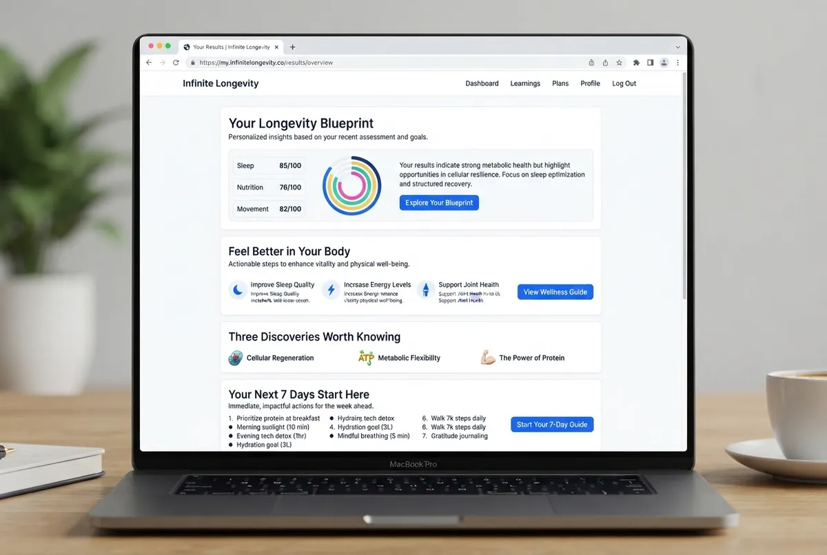 Sample preview of an educational Longevity Blueprint deliverable with headline and 7-day discovery timeline