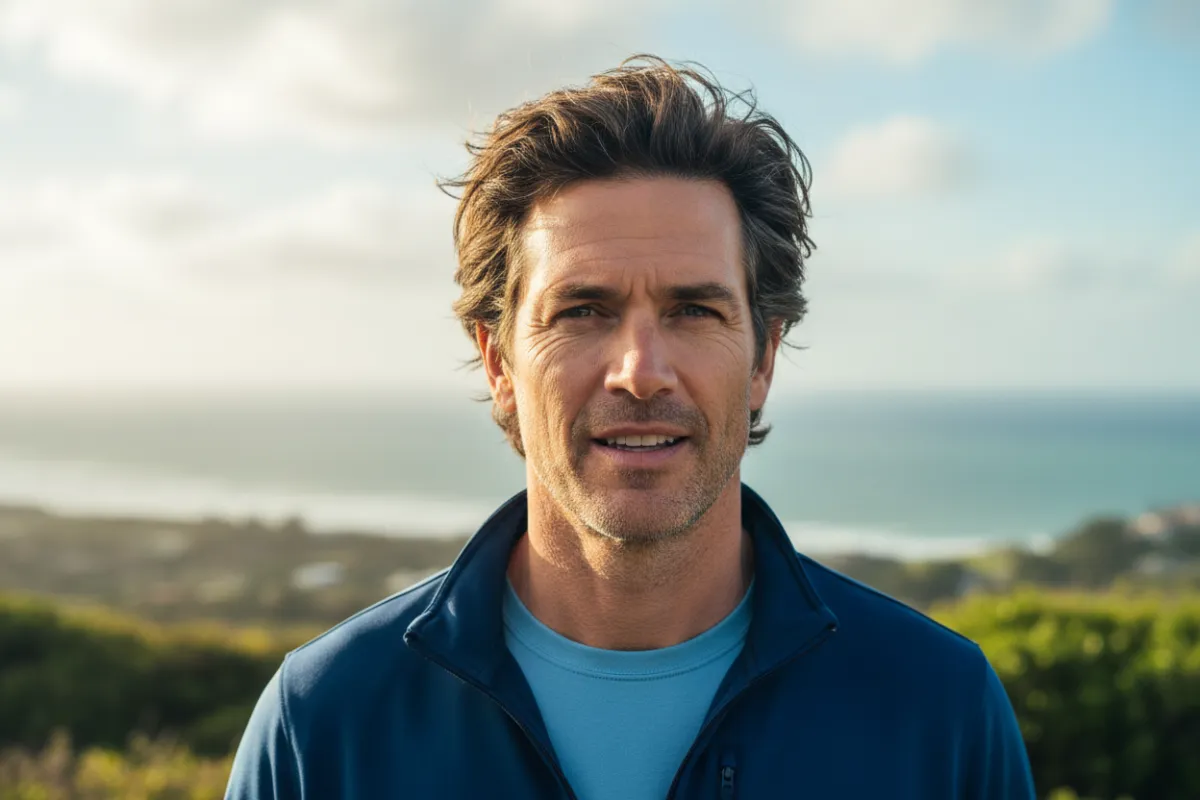 Active male portrait outdoors demonstrating healthy hair