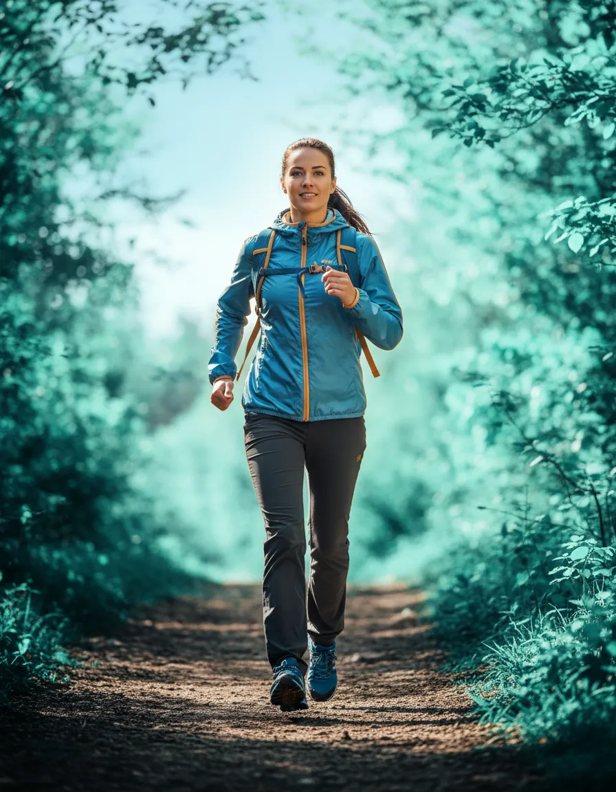 Active adult woman hiking outdoors, representing changing biological responses over time