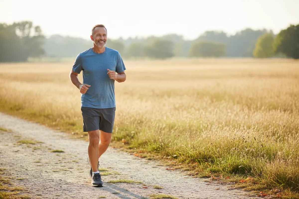 Healthy adult (age 45–65) brisk walking outdoors, candid lifestyle photo, light airy background