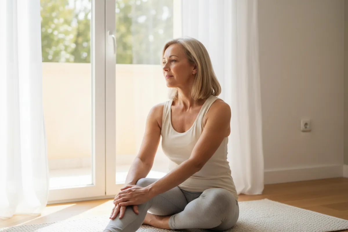 Healthy adult (age 45–65) doing yoga/stretching indoors with bright airy background, candid lifestyle photo