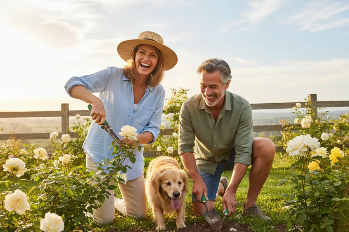 Healthy adult (age 45–65) cycling or gardening outdoors, candid lifestyle photo with light, airy background