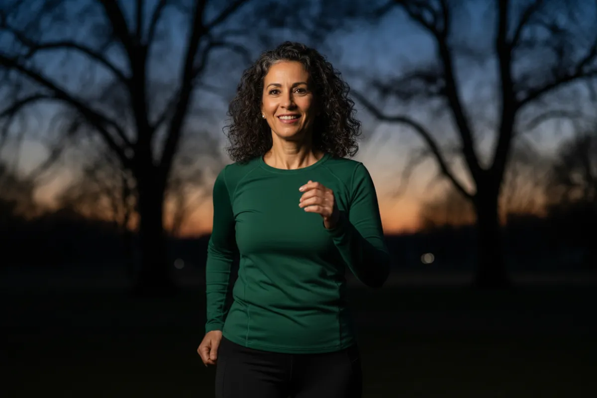 Group of healthy adults (balanced men and women) aged mid-40s to early 50s exercising outdoors, appearing fit and active