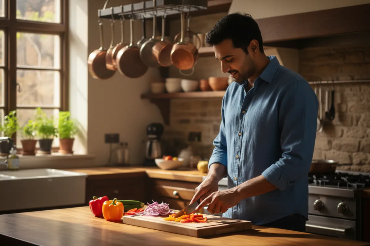 A man cooking at home in a natural mid-shot
