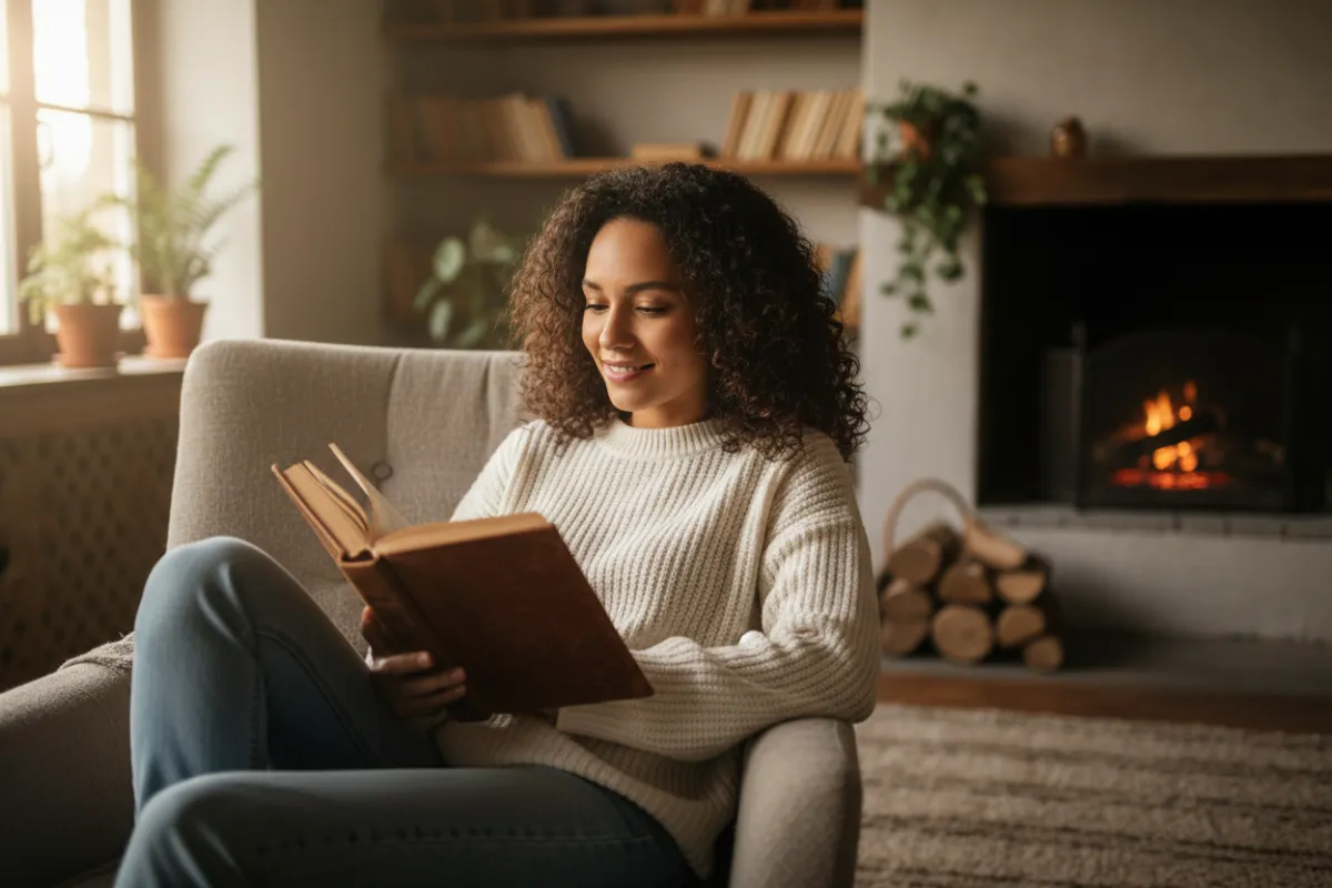 A woman reading in a cozy living room in a natural mid-shot