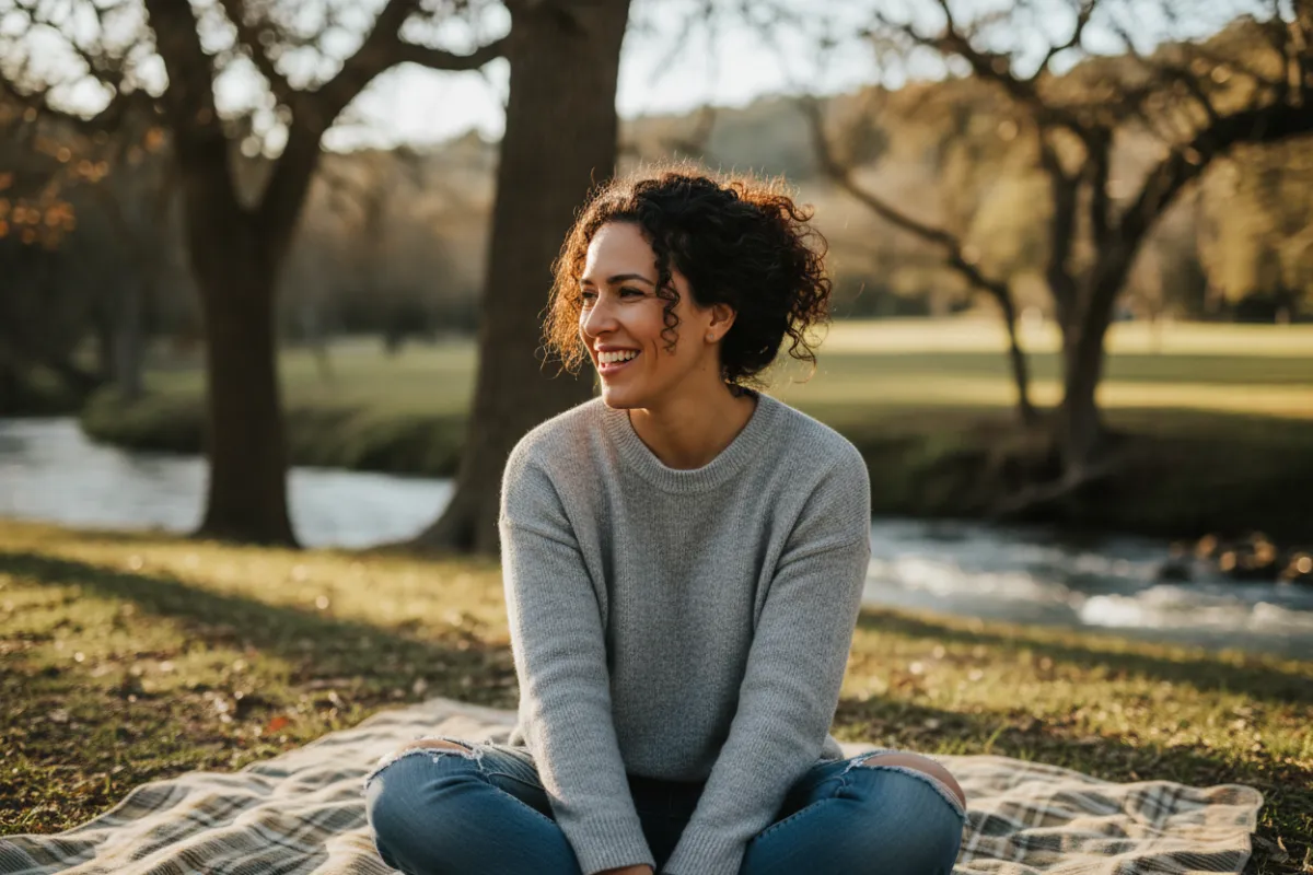 Photorealistic mid-shot of a woman in casual clothing in a warm natural setting (park/home/cafe), candid expression, warm natural lighting, diverse ethnicity, composition head/shoulders to waist, suitable for existing layout