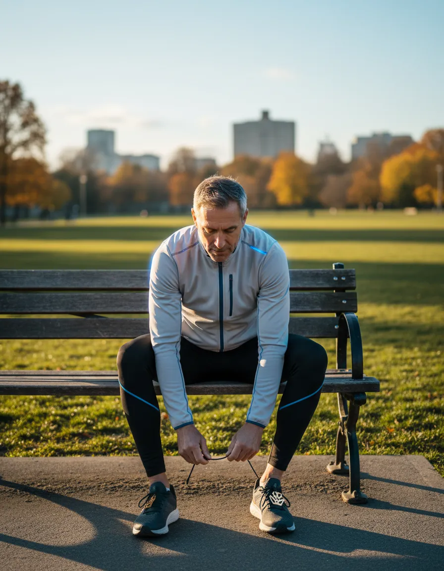Active adult man in his 50s stretching before a run