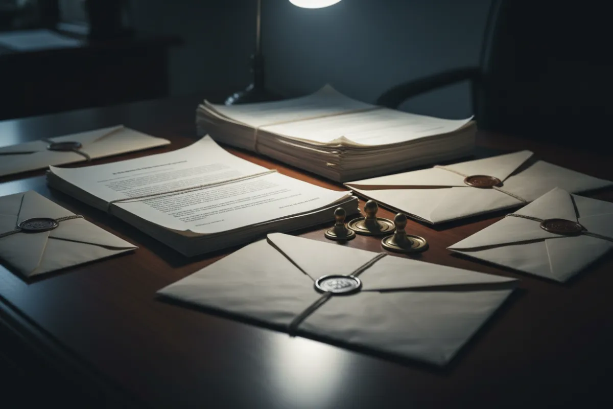 Legal documents and sealed envelopes on a desk, careful case file review