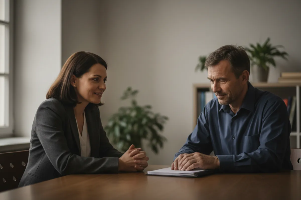 Advocate meeting with a client in a neutral office, natural window light, empathetic composition.