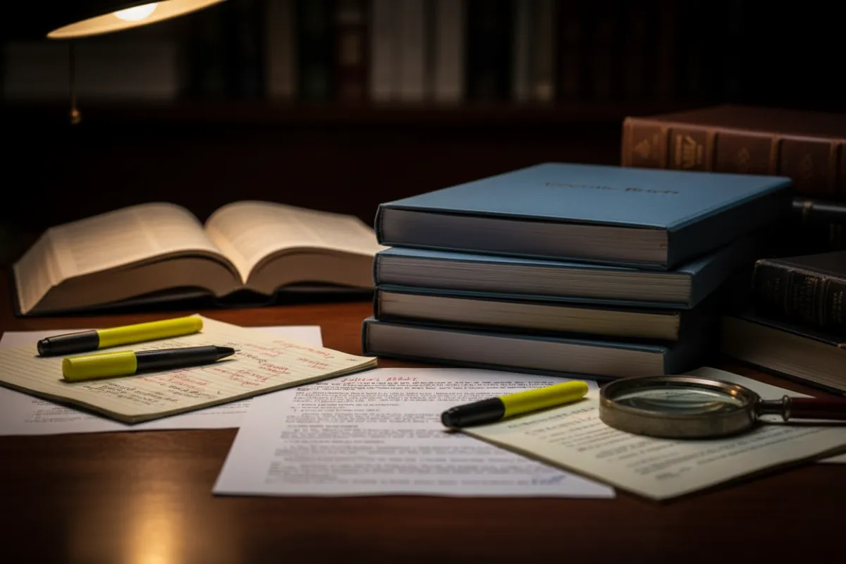 A focused image of appellate briefs and annotated legal notes on a desk, shallow focus to emphasize documentation and appellate preparation.