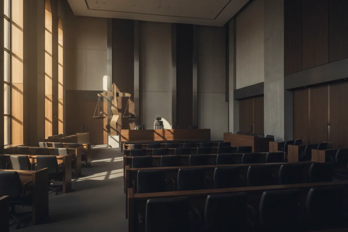 Architectural courtroom view, wide-angle composition with soft warm light, conveys legal gravity and process