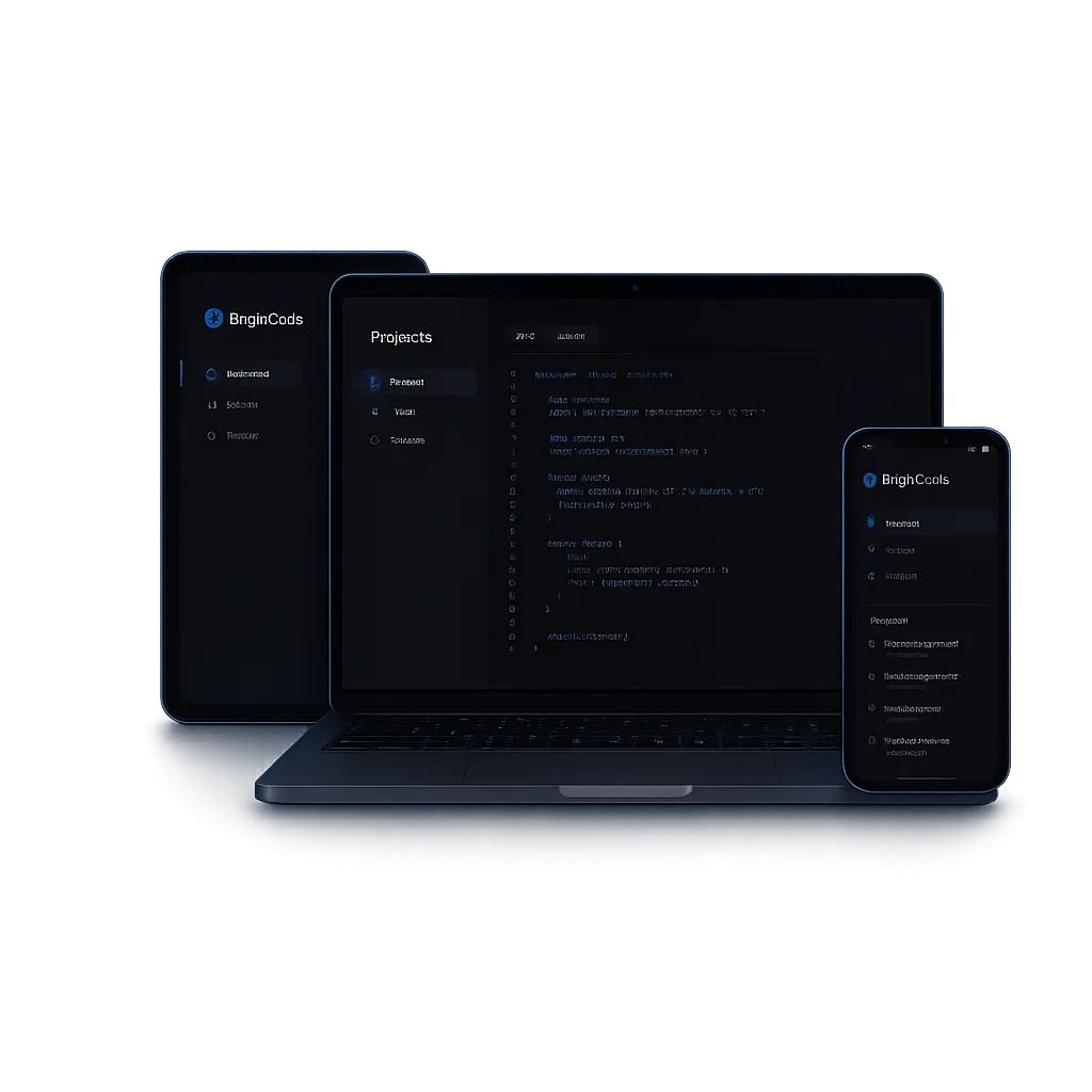 Luxury Device Mockup Stack showing BrightCode responsive web design on phone, tablet, and laptop