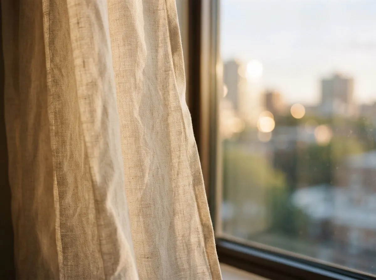 Soft linen texture with warm diffused sunlight and gentle bokeh—abstract, spacious wellness mood.