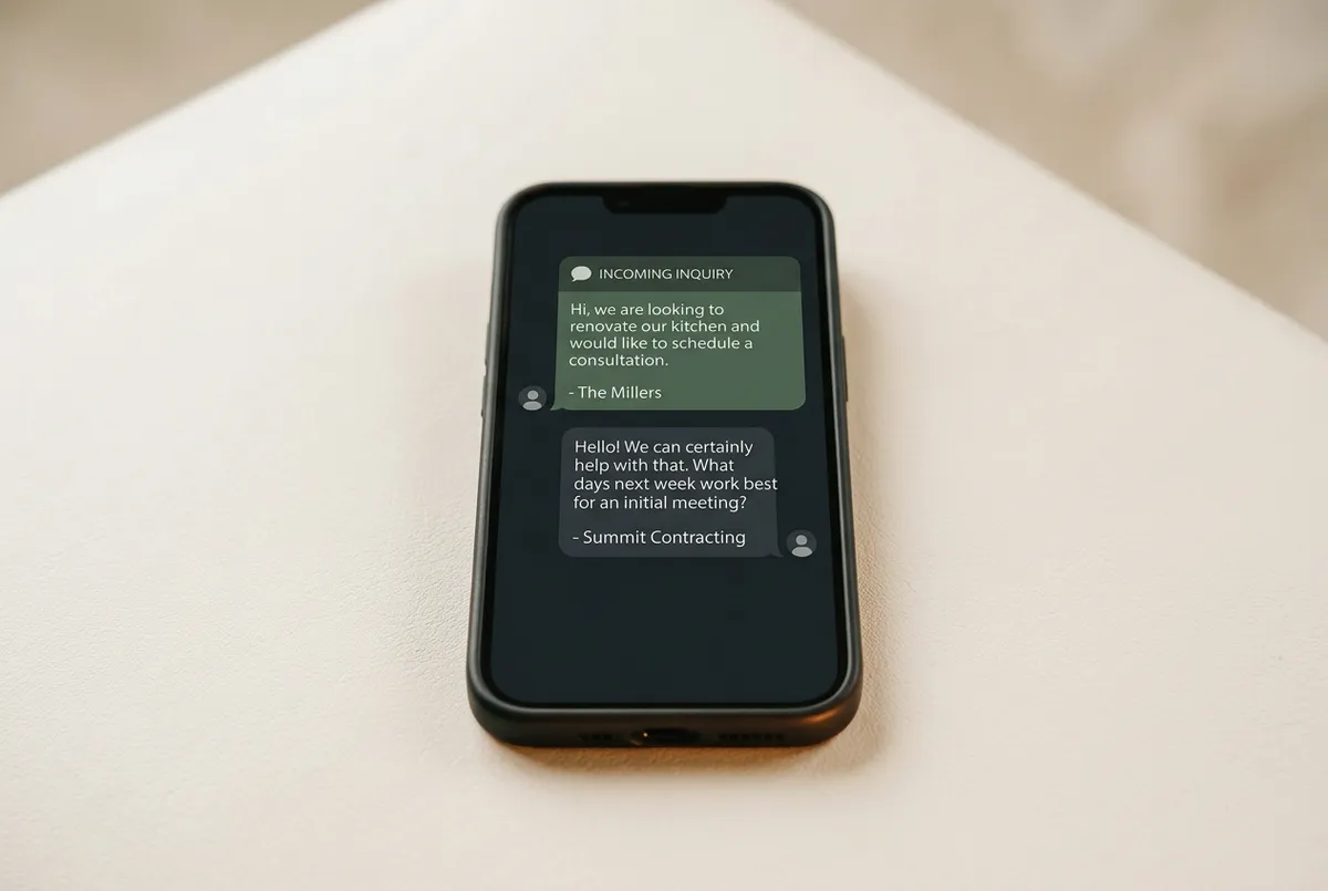 Smartphone screen mockup showing instant SMS automation to home improvement leads