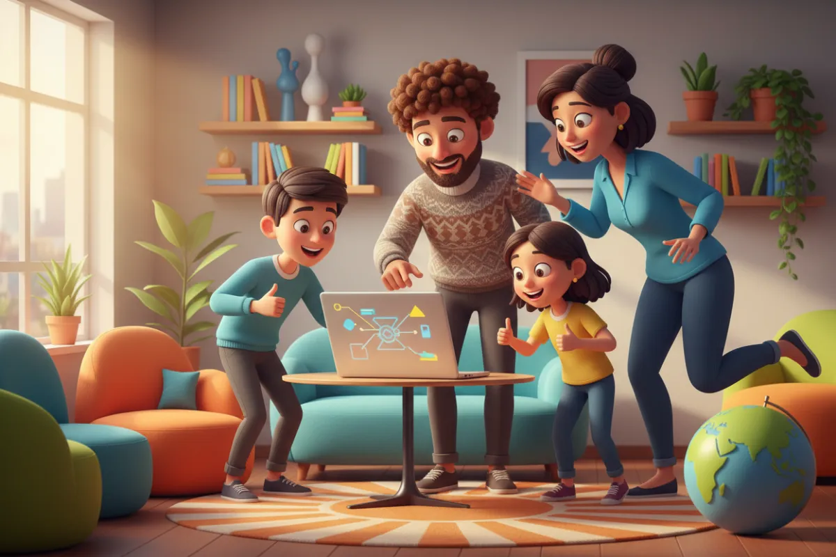3D digital art of a diverse family gathered around a laptop, vibrant colours, modern home, energetic atmosphere, symbolising teamwork and learning affiliate marketing together