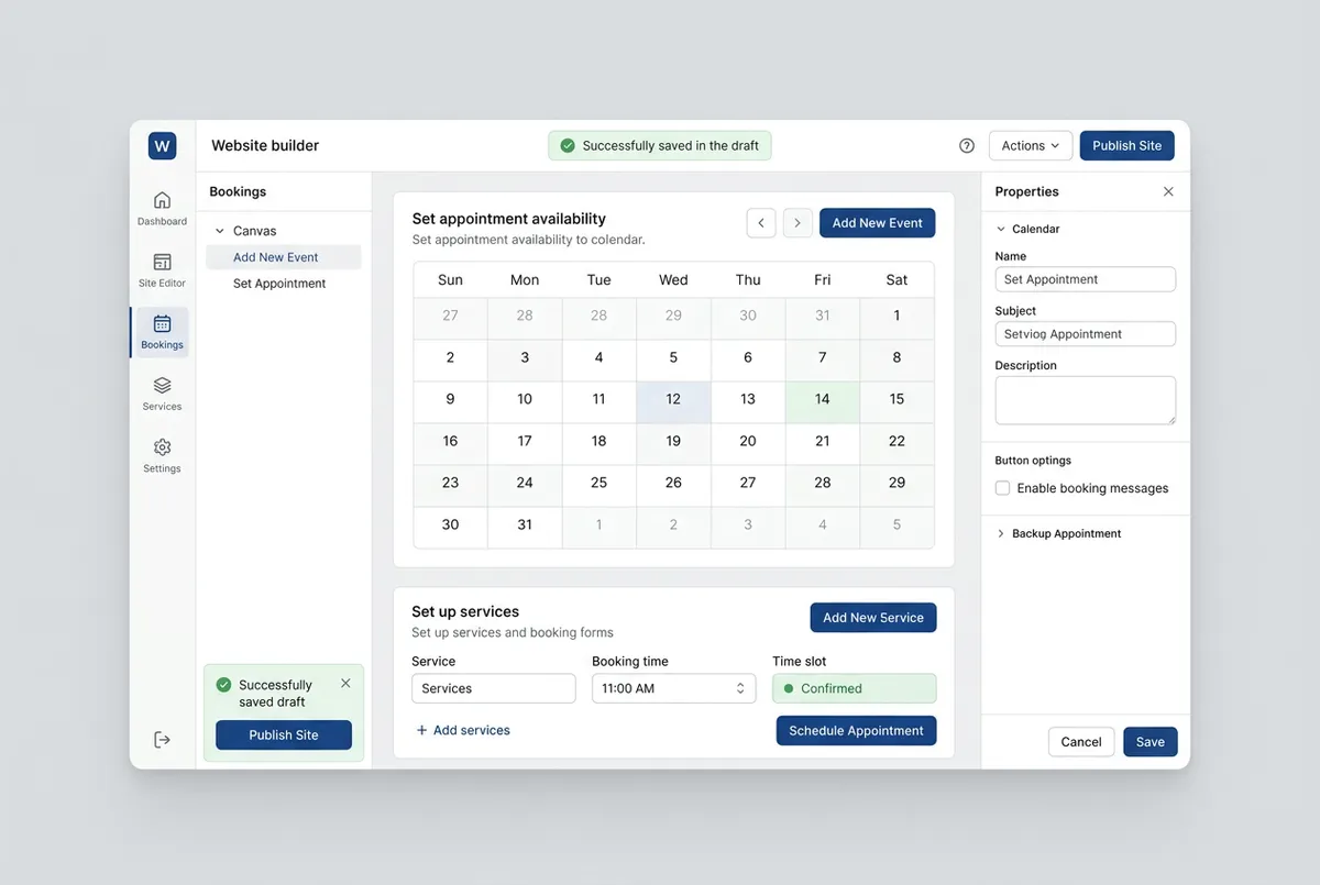 Neutral online website builder and calendar booking interface wireframe