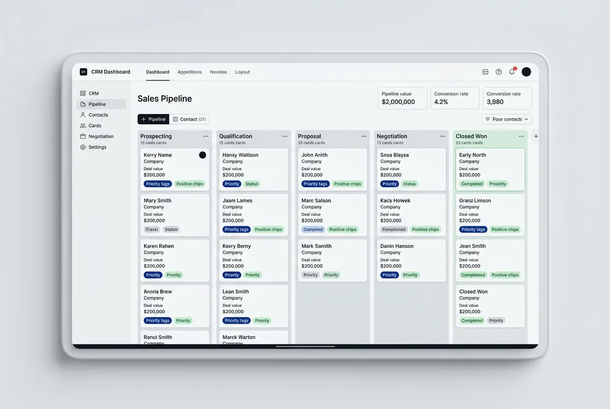 Neutral sales pipeline wireframe dashboard showing customer accounts and deal stages