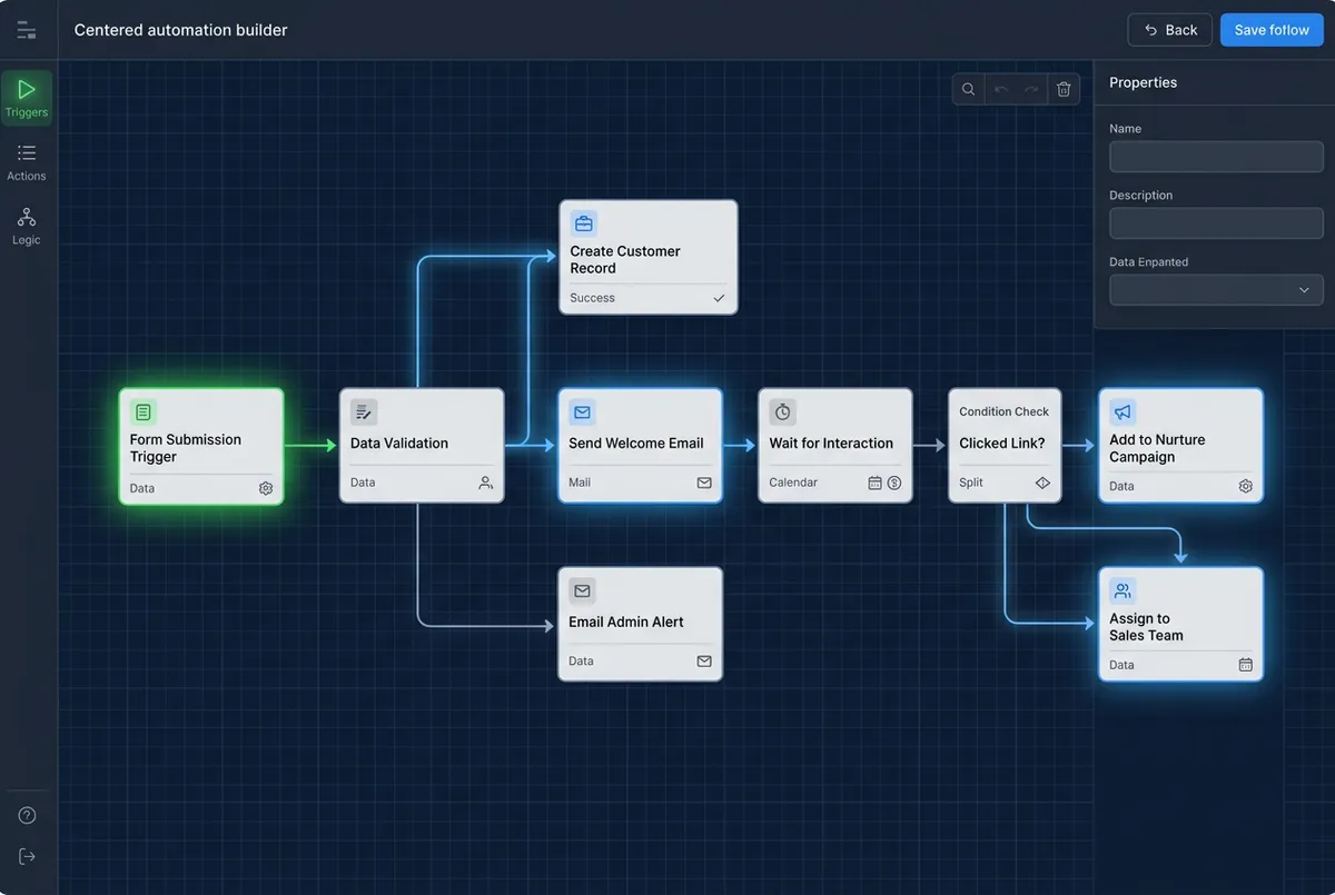 Neutral workflow automation builder wireframe with trigger and action nodes