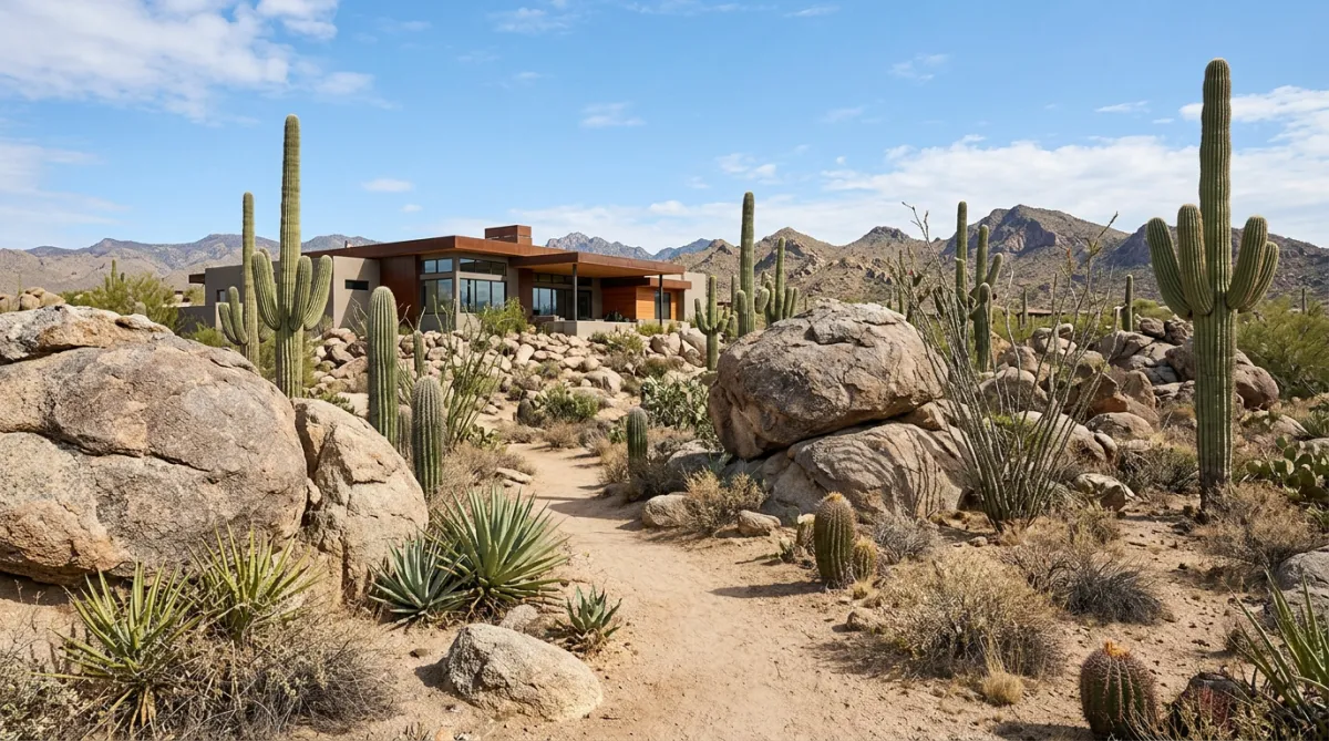 View of a desert landscape with large boulders, saguaro cacti, and a house in the background.
