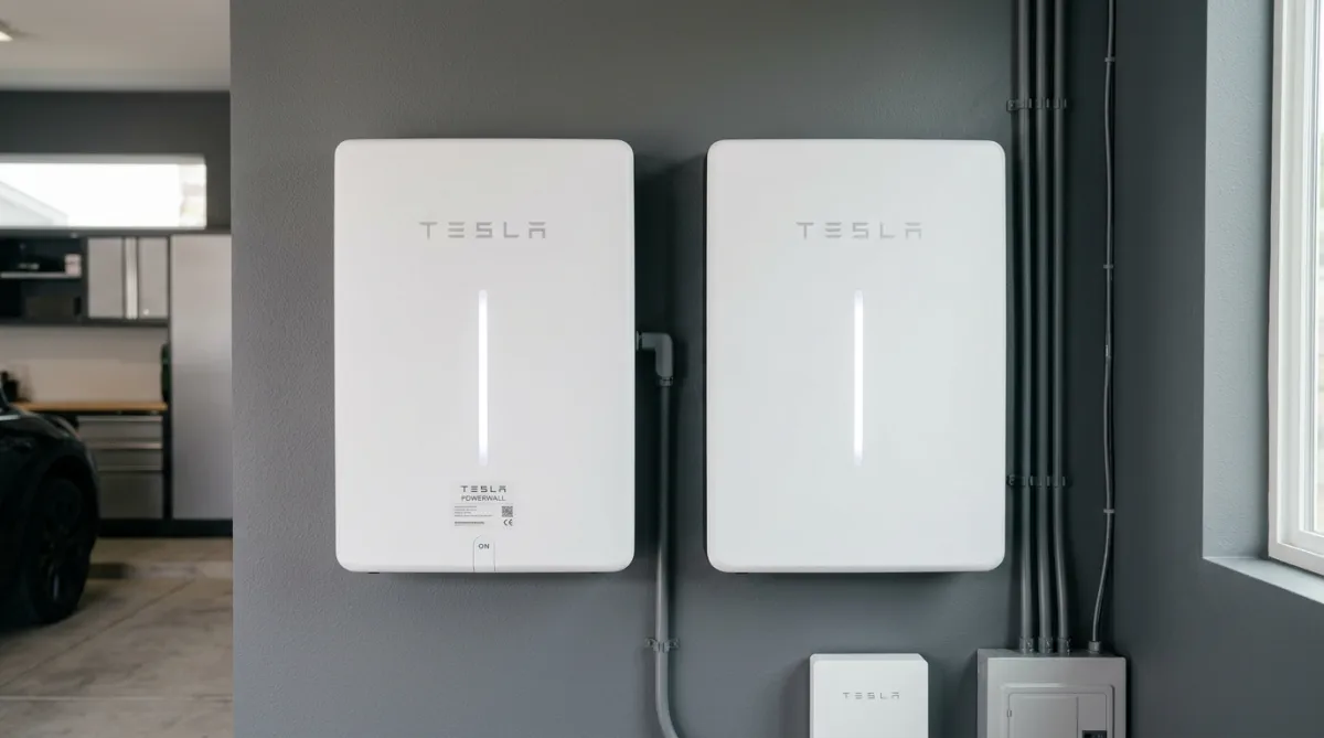 Close up of two Tesla Powerwall units mounted on a grey wall.