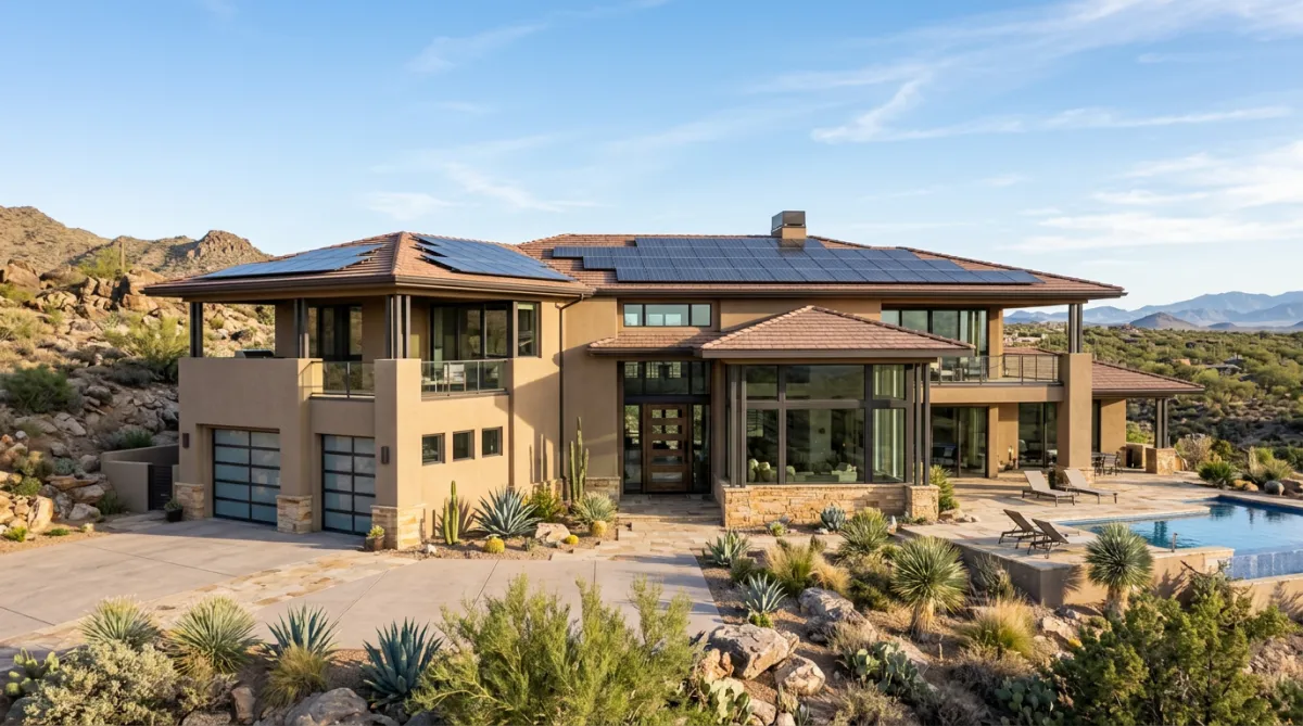 Exterior shot of a large, modern desert-style home with extensive solar panels on its terracotta roof.