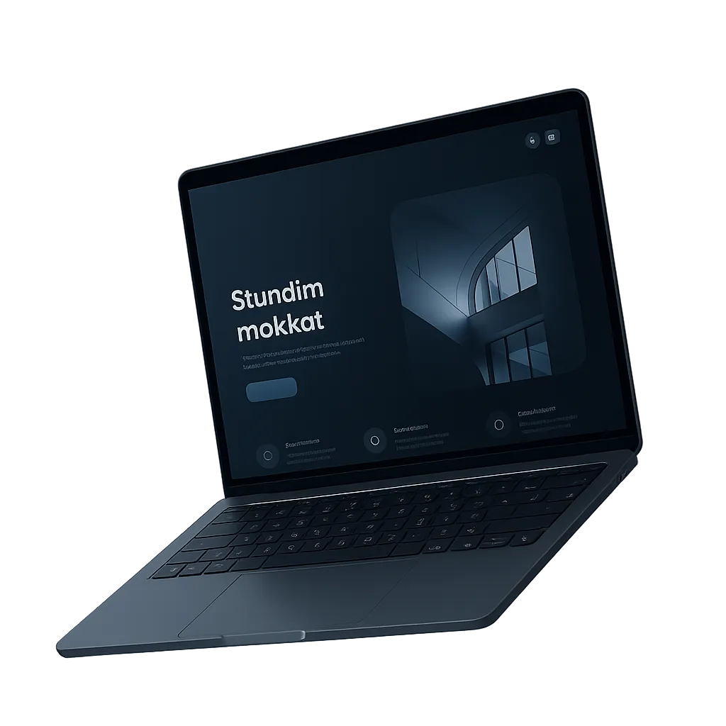 A high-end 3D laptop floating at a dynamic angle showcasing a stunning modern website mockup