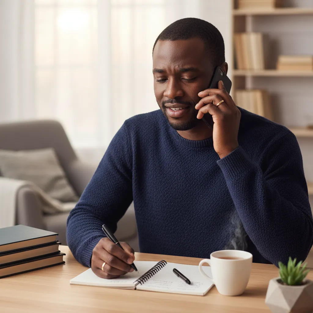 A close-up of a caring African American man in his 30s, speaking on the phone at a tidy home office desk with a notepad and a cup of tea. The background is softly blurred, emphasizing his attentive expression.
