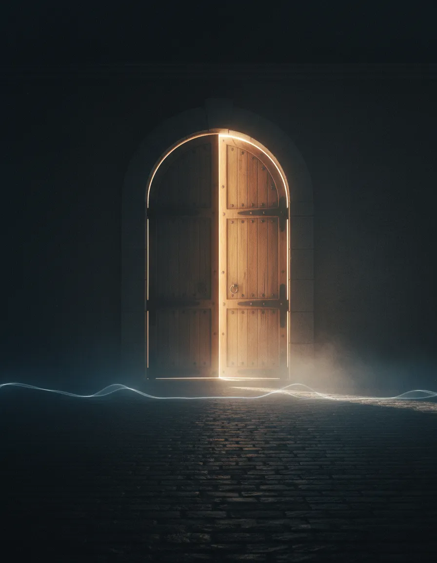 Calvary Mission doorway with light spilling into darkness.