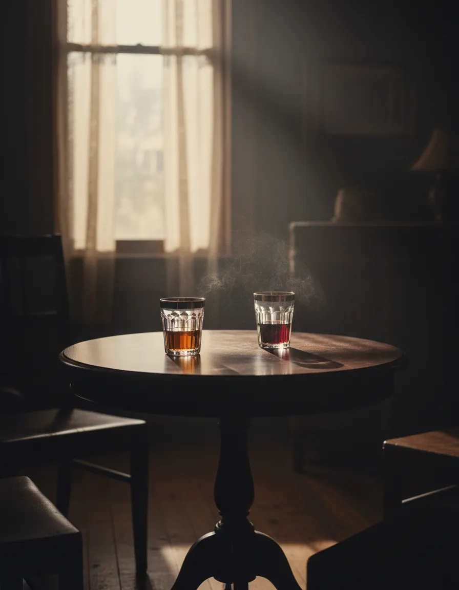 Cinematic room scene at 182 Clinton Street with two glasses, one untouched.