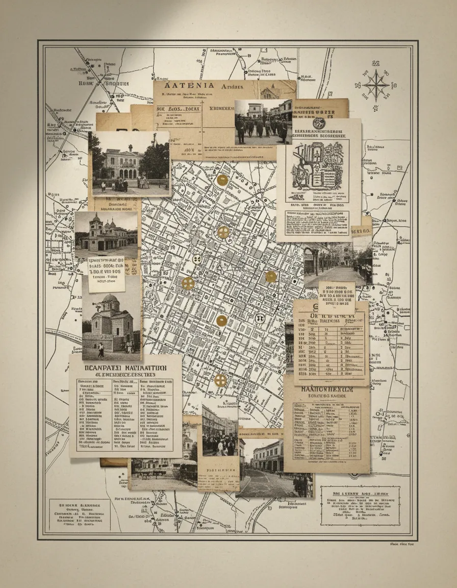 Athens street map and local historical photographs