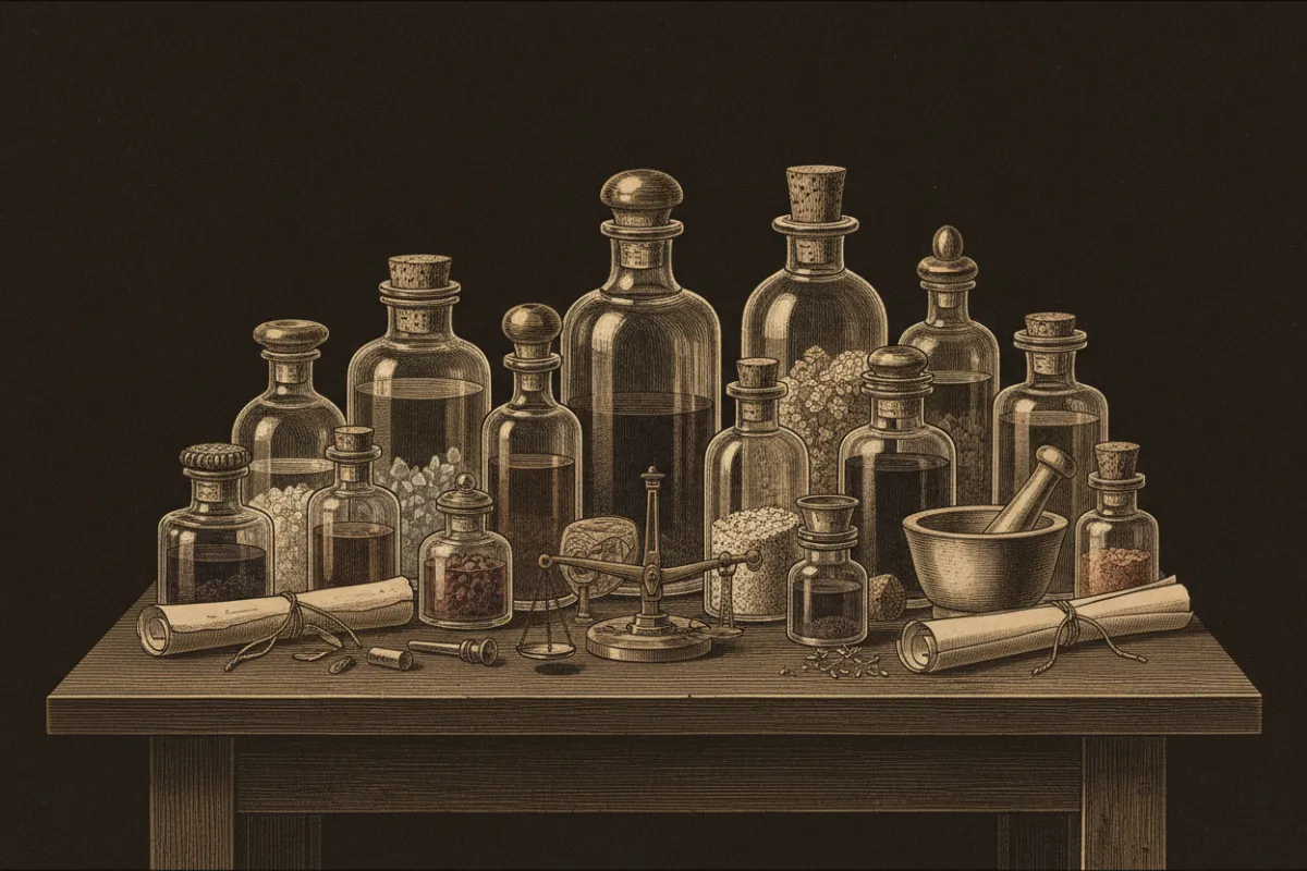 Vintage illustration of sedatives and medicine bottles