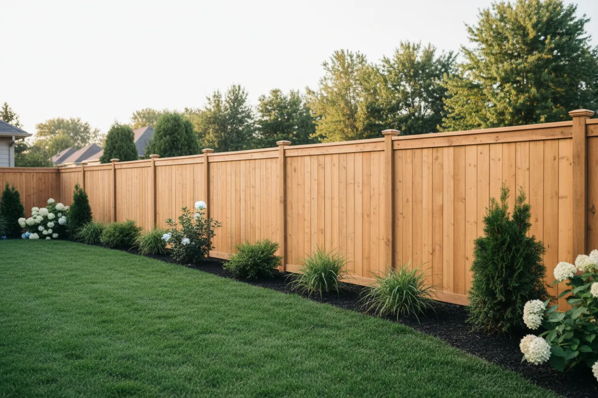 Wood privacy fence in residential backyard