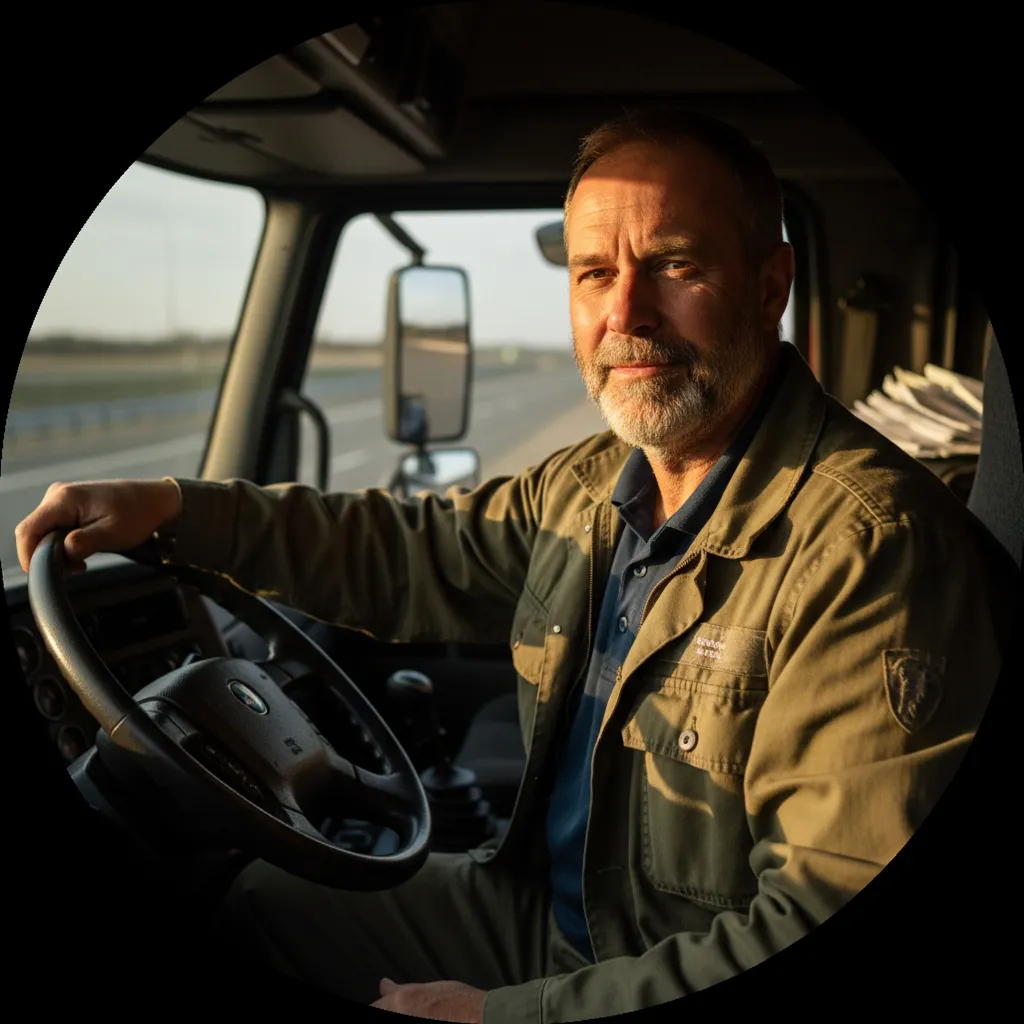 Photorealistic avatar of a truck driver sitting in their truck