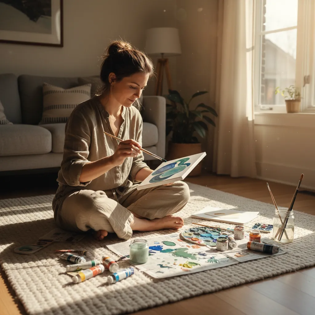 A parent in their thirties, sitting cross-legged on a living room rug, painting on a small canvas, surrounded by art supplies, soft afternoon light, relaxed expression, 1:1 aspect ratio.