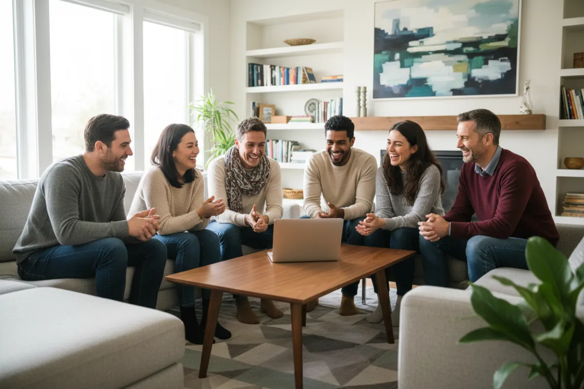 A diverse group of parents of various ages and backgrounds gather around a laptop in a bright living room. They laugh and share ideas, surrounded by modern decor, creating a supportive, welcoming atmosphere. 3:2 aspect ratio.